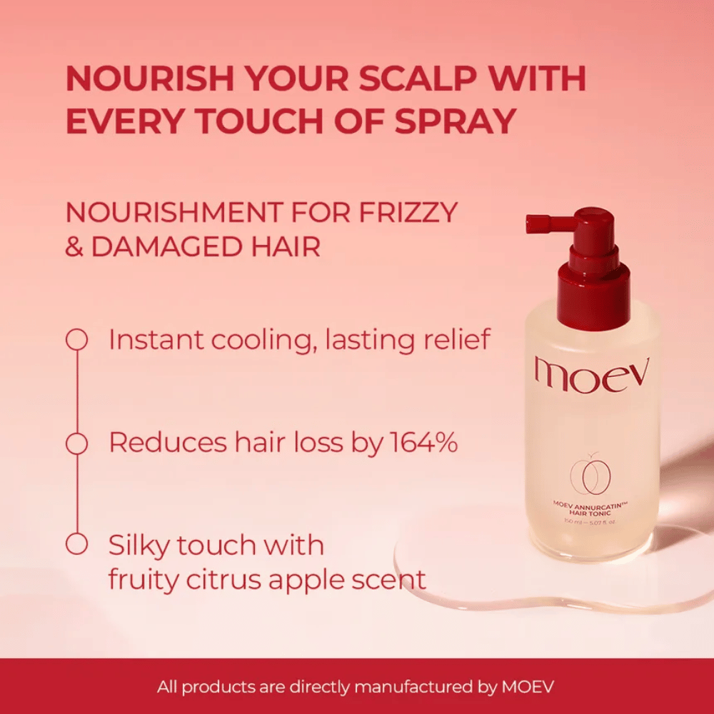 MOEV Annurcatin Hair Tonic – spray nourrissant qui réduit la chute des cheveux, rafraîchit le cuir chevelu et offre un parfum d'agrumes frais.