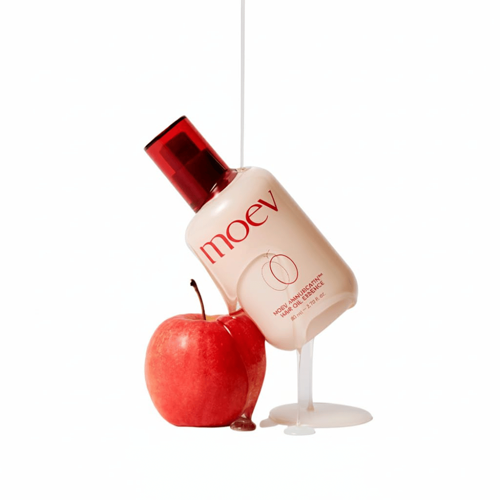 MOEV Annurcatin Hair Oil Essence avec pomme rouge – huile capillaire inspirée par les antioxydants de la pomme Annurca pour des cheveux plus forts, plus brillants et plus sains.