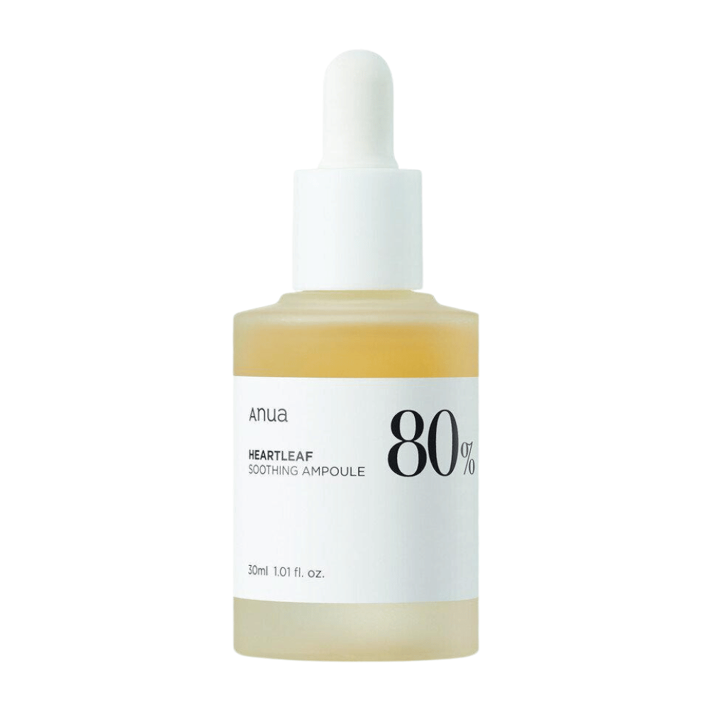 Une Anua ampoule apaisante Heartleaf 80% avec un fond blanc.