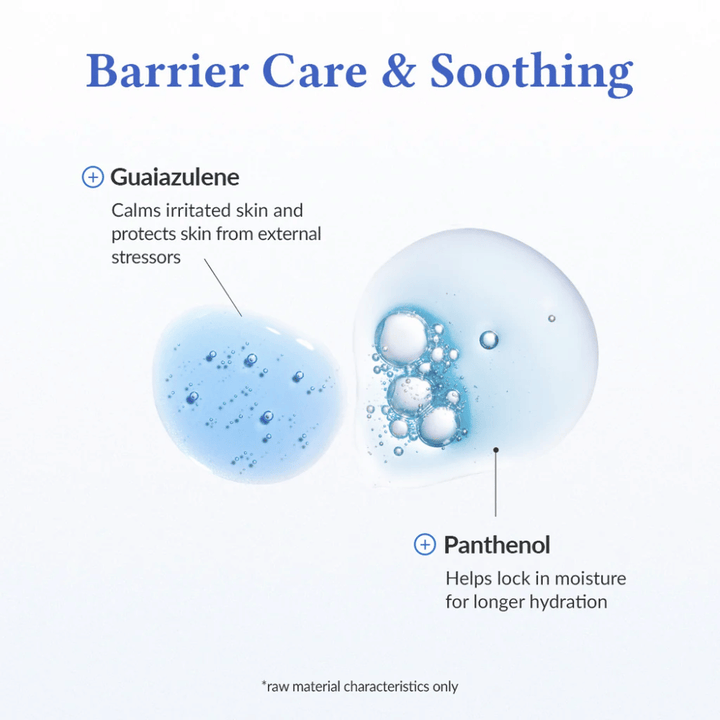 Soin de la barrière & Apaisant dans Dr. Althea Aqua Marine Deep Serum avec guaïazulène qui apaise la peau irritée et protège contre le stress externe, ainsi que le panthénol qui lie l'humidité et renforce la barrière cutanée pour une hydratation durable.