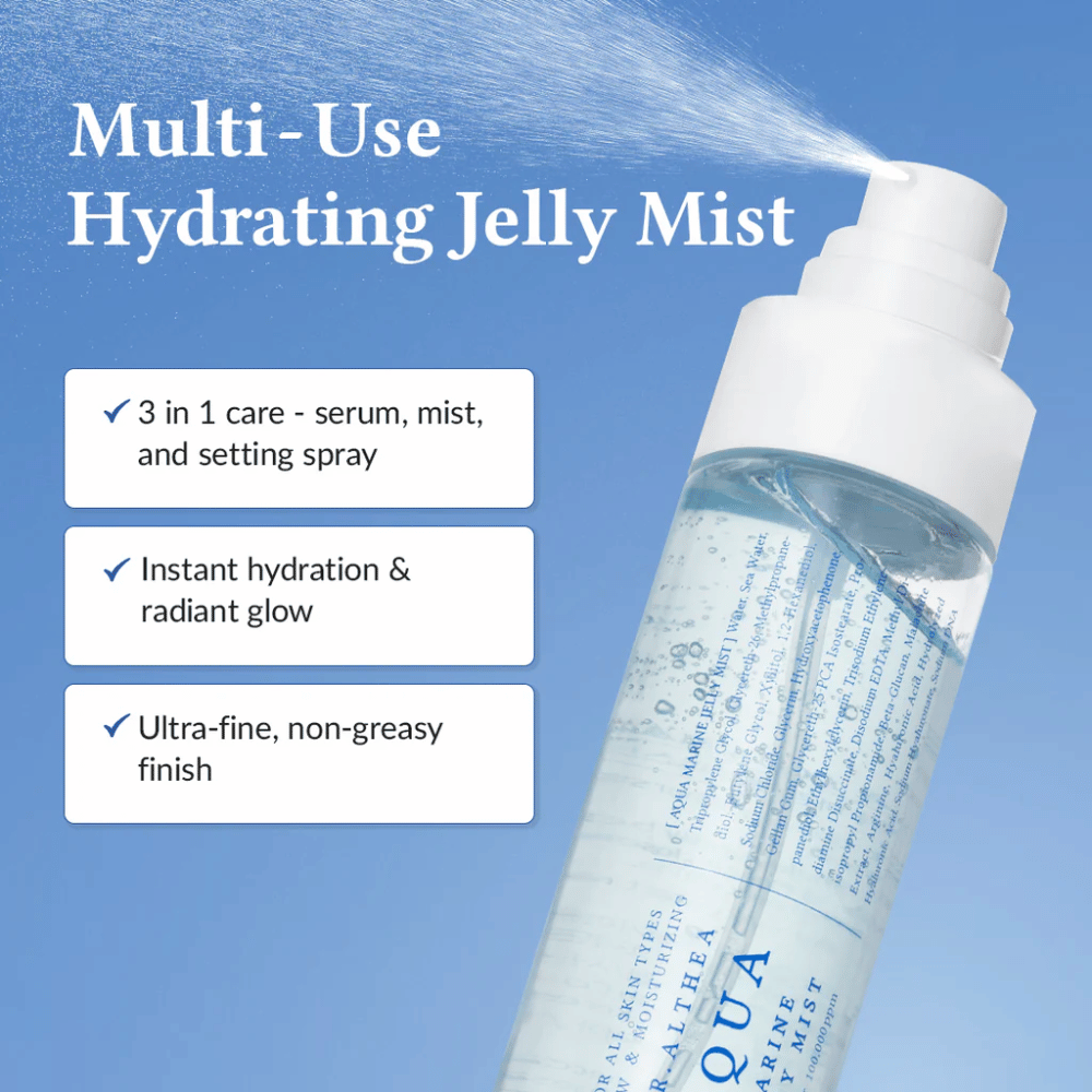 Dr. Althea Aqua Marine Jelly Mist comme spray visage multifonctionnel pour sérum, brume et spray fixateur en un