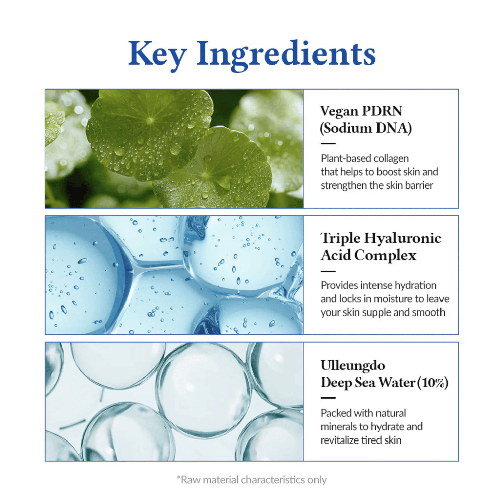 Ingrédients clés dans Dr. Althea Aqua Marine Jelly Mist avec PDRN vegan, acide hyaluronique et eau de mer profonde