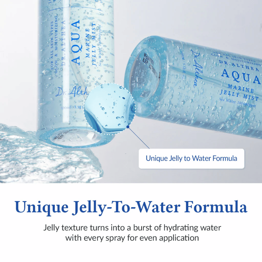 Dr. Althea Aqua Marine Jelly Mist avec une formule unique de gelée à eau qui s'active lors de la pulvérisation et offre une hydratation intense