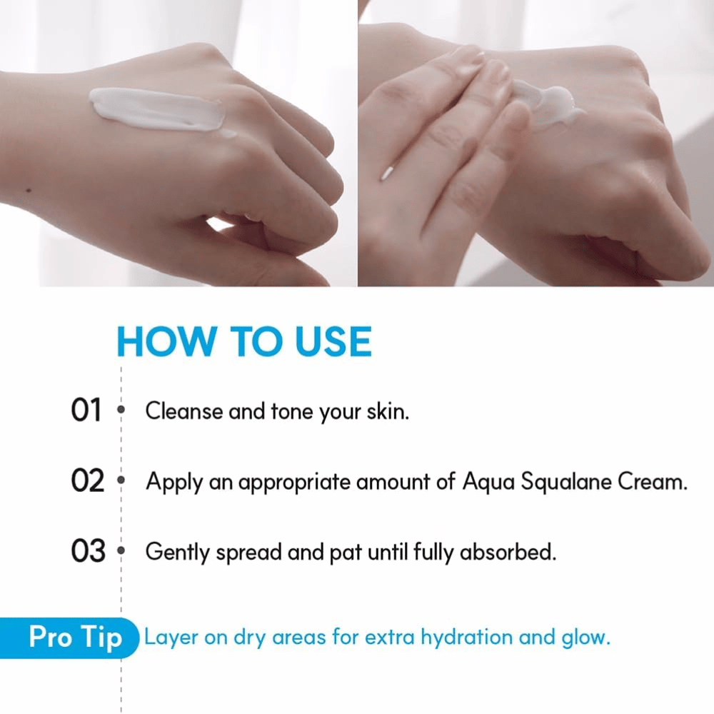 S.NATURE Aqua Squalane Moisturizing Cream s’applique sur la peau pour une hydratation intense et une barrière cutanée douce et souple.