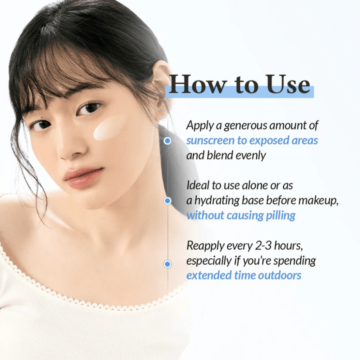 Femme avec de la crème solaire sur la joue montrant comment utiliser le produit, avec du texte expliquant l'application, l'utilisation sous le maquillage et la réapplication toutes les 2-3 heures lors de l'exposition à l'extérieur.