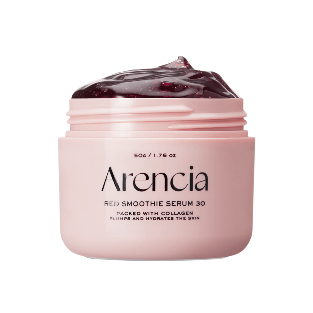 Gros plan sur Arencia Red Smoothie Serum 30 dans un pot rose, rempli de gel rouge profond pour l'hydratation et la fermeté.