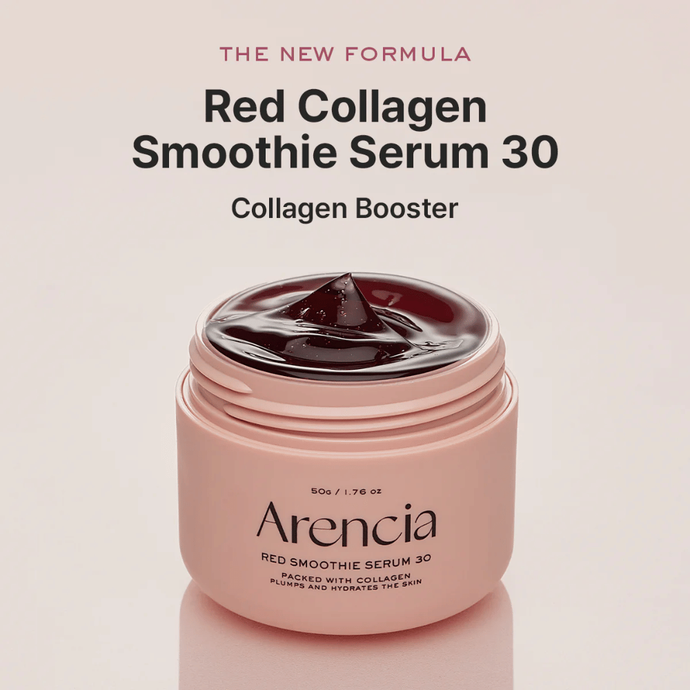 Arencia Red Smoothie Serum 30 dans un pot rose, nouvelle formule qui agit comme un booster de collagène.