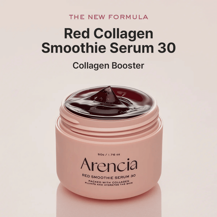 Arencia Red Smoothie Serum 30 dans un pot rose, nouvelle formule qui agit comme un booster de collagène.