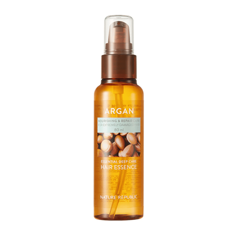 Image du produit sur Nature Republic Argan Essential Moisture Hair Oil 80 ml – huile capillaire nourrissante pour cheveux secs et abîmés.
