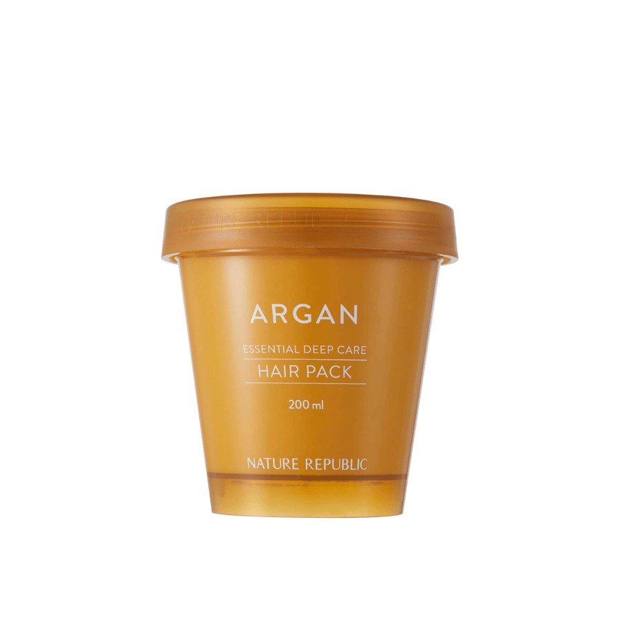 Image du produit sur Nature Republic Argan Essential Moisture Repairing Hair Mask 200 ml – masque capillaire hydratant à l'huile d'argan.