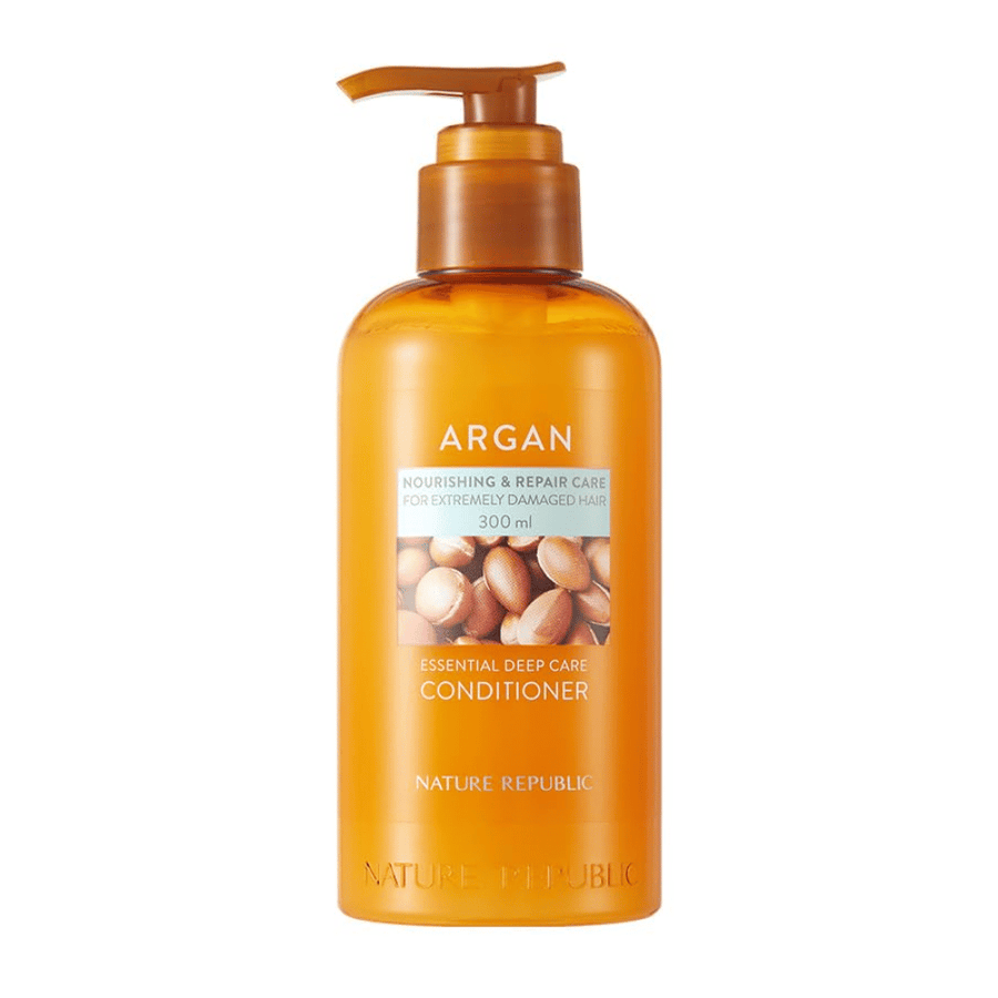 Image du produit sur Nature Republic Argan Essential Moisture Repairing Conditioner 300 ml pour cheveux secs et abîmés.