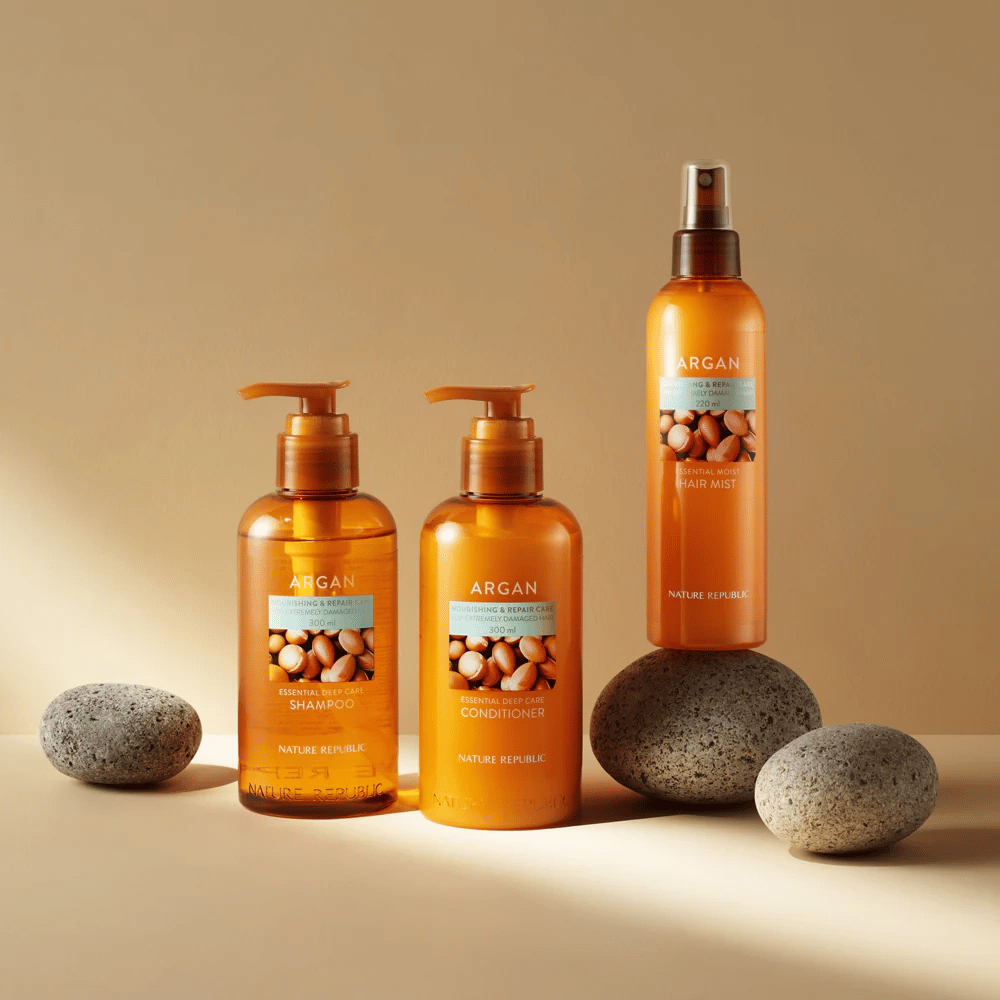 Nature Republic Série Argan avec shampooing, après-shampooing et brume cheveux pour cheveux abîmés – enrichie à l'huile d'argan pour brillance et nutrition.