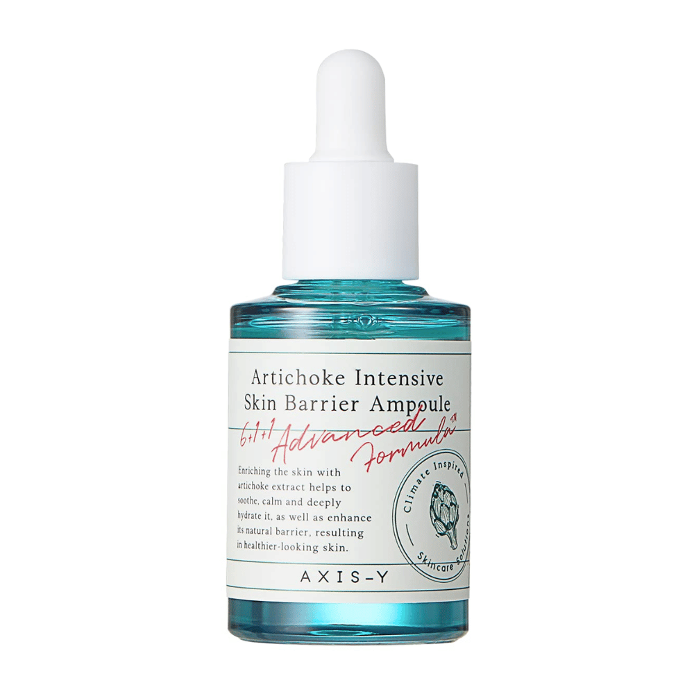 Une bouteille de sérum de soin de la peau marquée "Artichoke Intensive Skin Barrier Ampoule" de AXIS-Y.