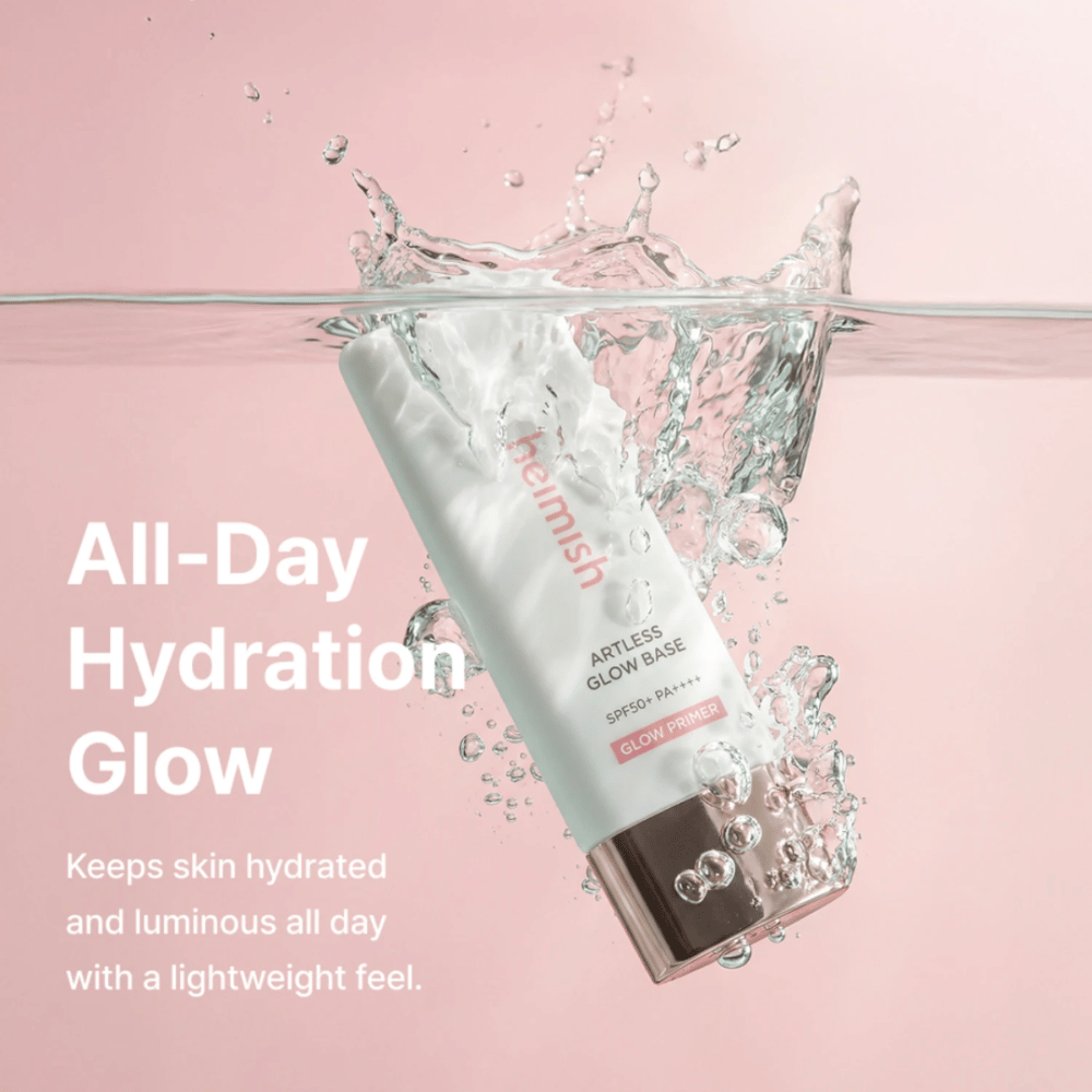 Heimish Artless Glow Base SPF50+ PA++++ – protection solaire hydratante et glow primer avec une formule légère pour un éclat toute la journée.
