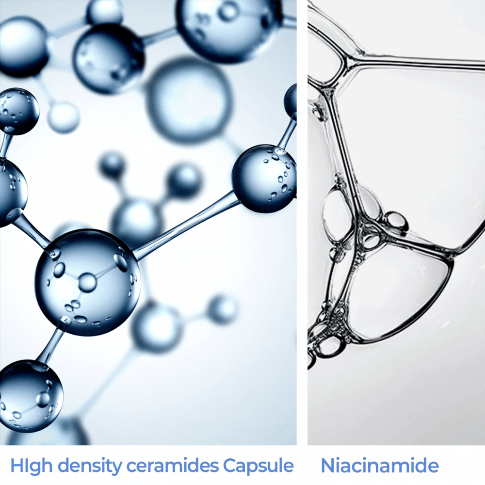 Gros plan sur les capsules de céramide à haute densité et le niacinamide – ingrédients clés dans AESTURA Atobarrier 365 Lotion.