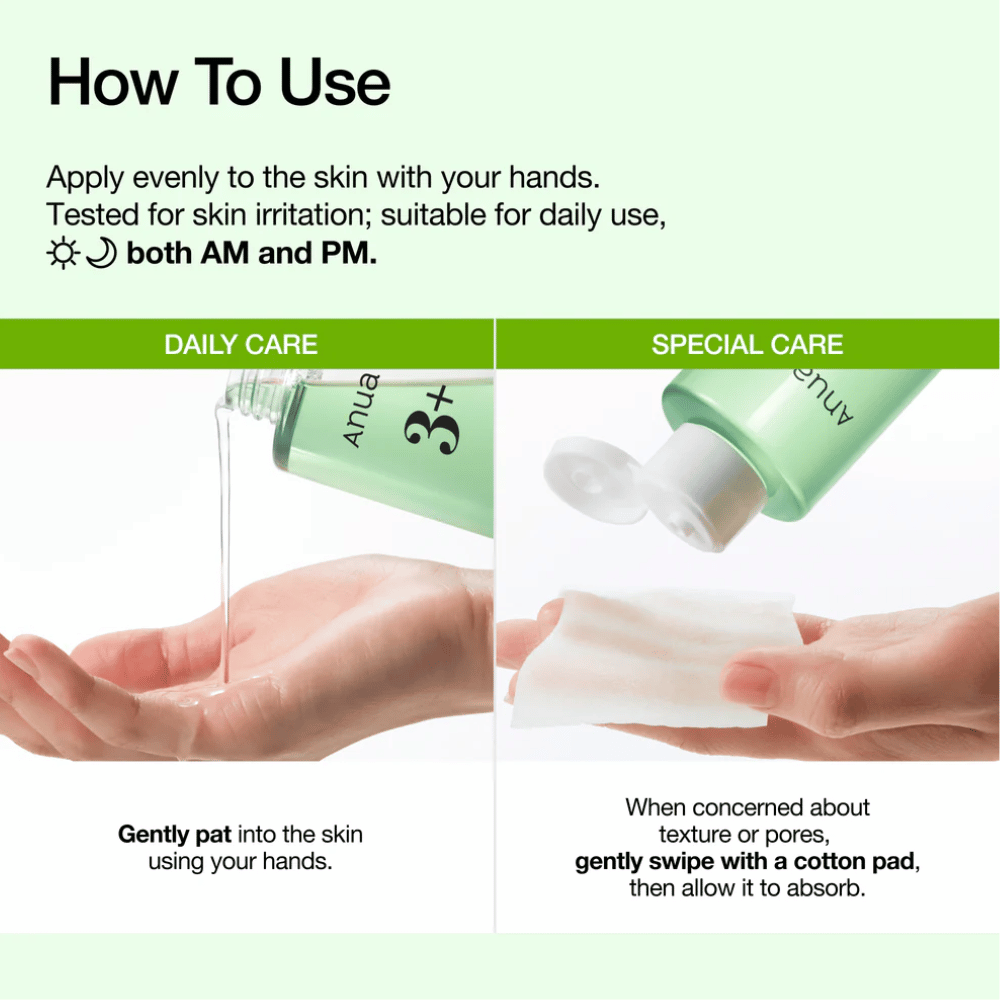 Anua Azelaic Acid 3 Cica Skin Clarifying Toner s’applique avec les mains ou un coton pour apaiser la peau et améliorer sa texture.