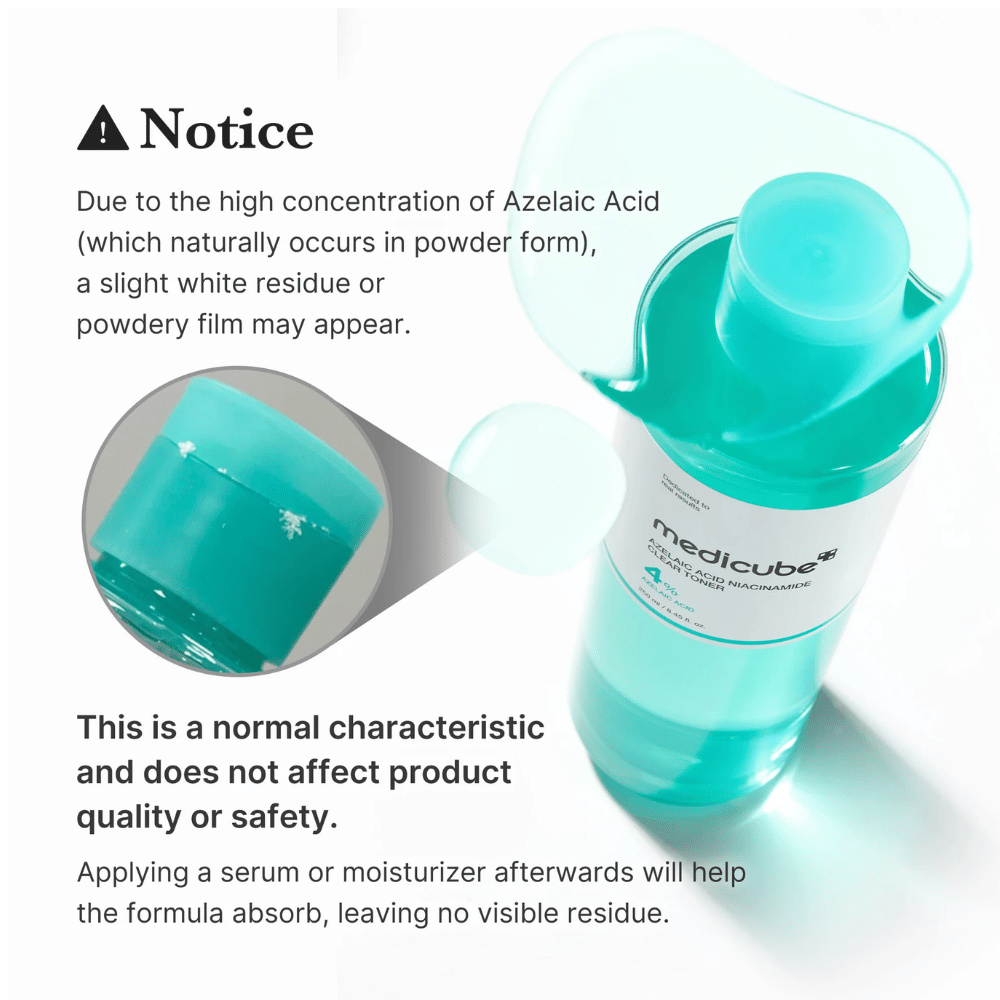 Medicube Azelaic Acid Niacinamide Clear Toner qui montre des résidus cristallins naturels d’acide azélaïque et explique que cela est normal et n’affecte ni la qualité ni la sécurité du produit.