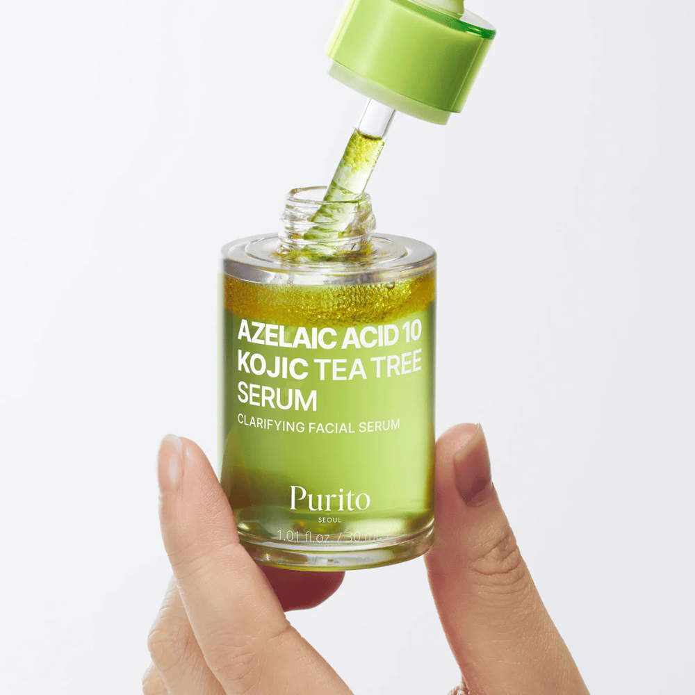 Purito Azelaic Acid 10 Kojic Tea Tree Serum – sérum léger avec pipette. Contient de l'acide azélaïque, de l'acide kojique et tea tree pour une peau plus claire.