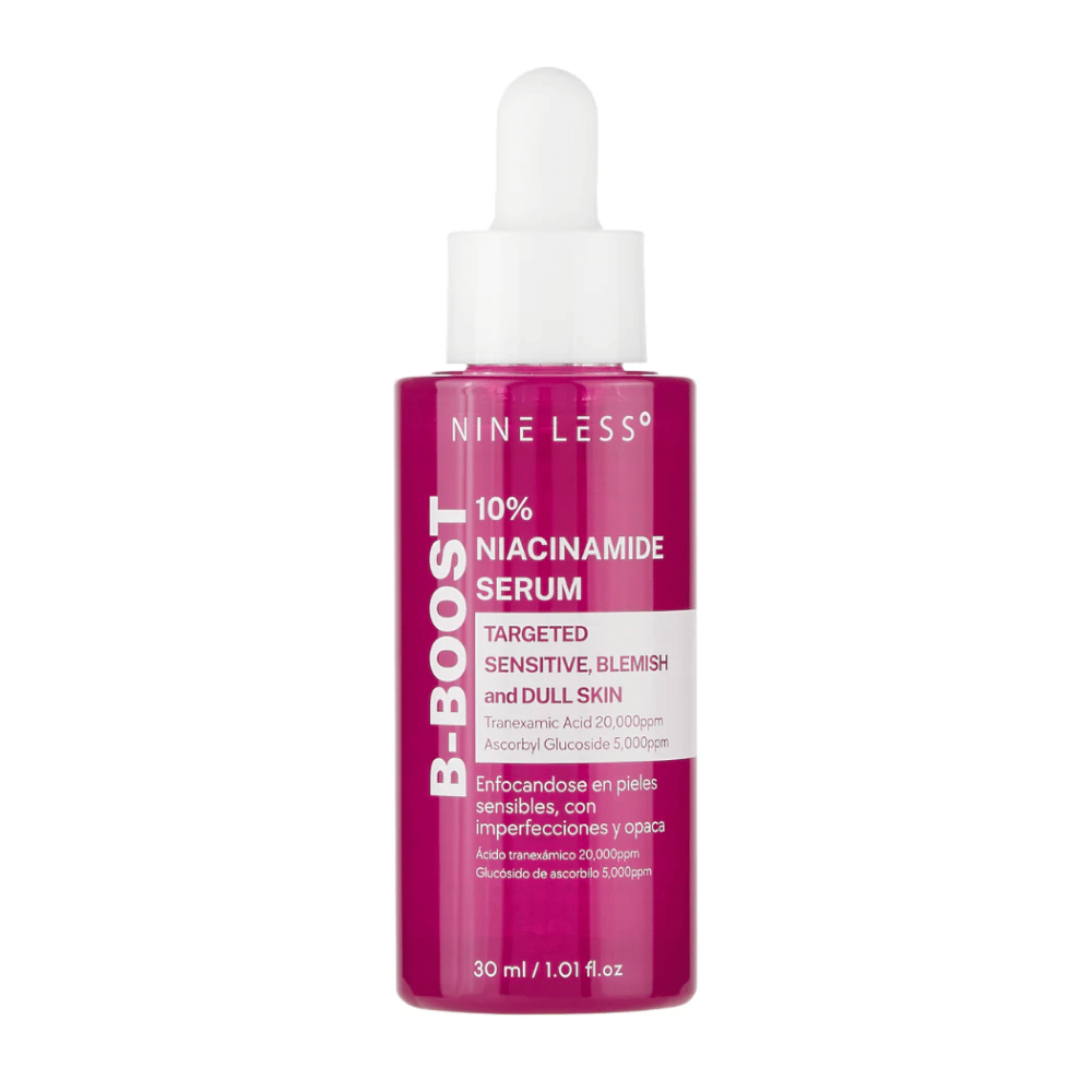 B-Boost 10% Niacinamide Serum dans une bouteille avec pipette.