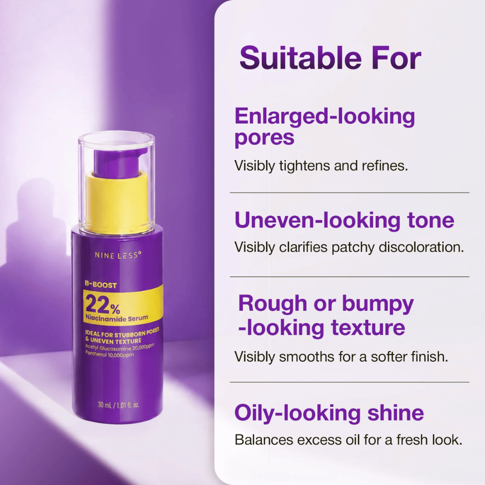 2. NINE LESS B-Boost 22% Niacinamide Serum – sérum pour les pores dilatés, le teint irrégulier et la texture rugueuse de la peau