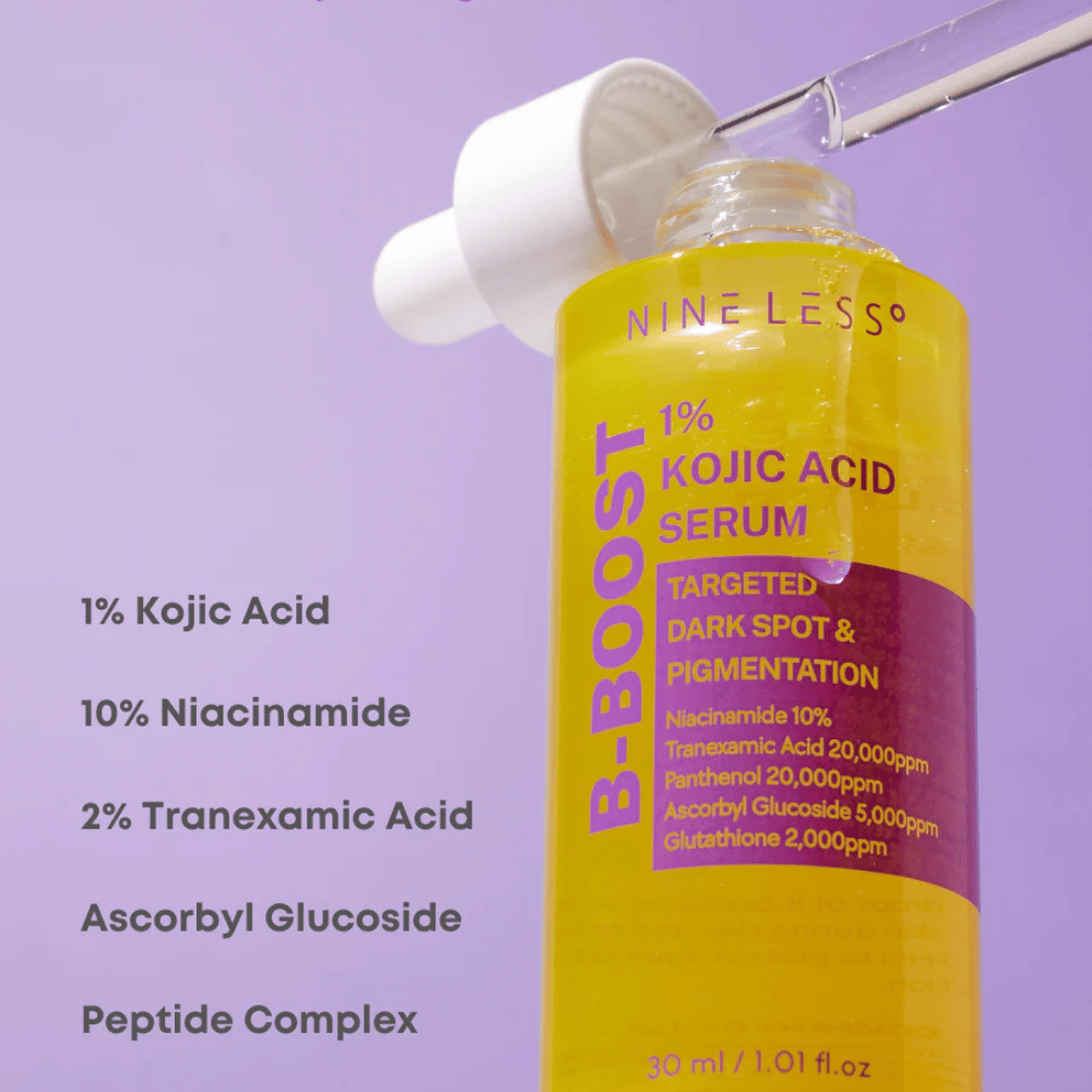 B-Boost 1% Kojic Acid Serum en flacons avec pipette, pour les taches sombres et la pigmentation.
