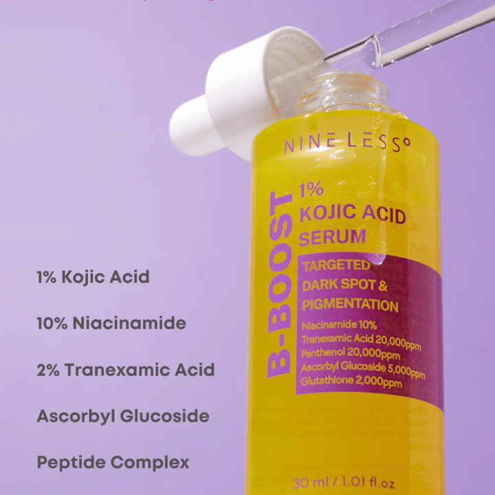 B-Boost 1% Kojic Acid Serum en flacons avec pipette, pour les taches sombres et la pigmentation.