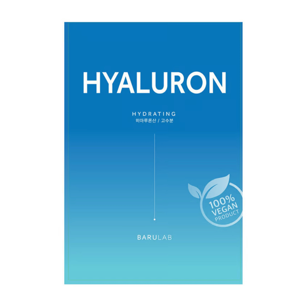 Un emballage de BARULAB masque "HYALURON Hydrating", marqué comme "100% Produit Végétalien". L'emballage a un dégradé de couleur du bleu foncé en haut au bleu clair en bas.