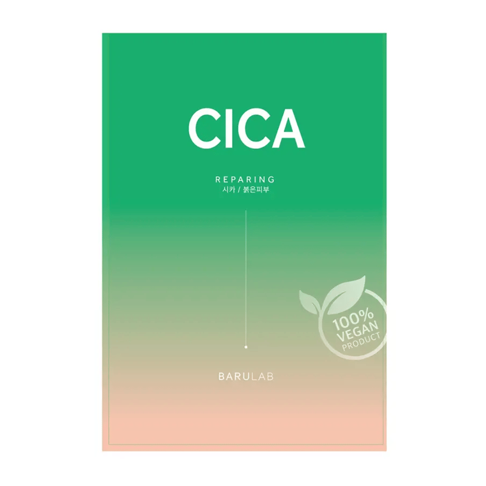 Un emballage de BARULAB pour un masque "CICA Repairing", noté comme "100% Vegan Product". L'emballage a une couleur dégradée qui passe du vert foncé à des tons plus clairs vers le bas.
