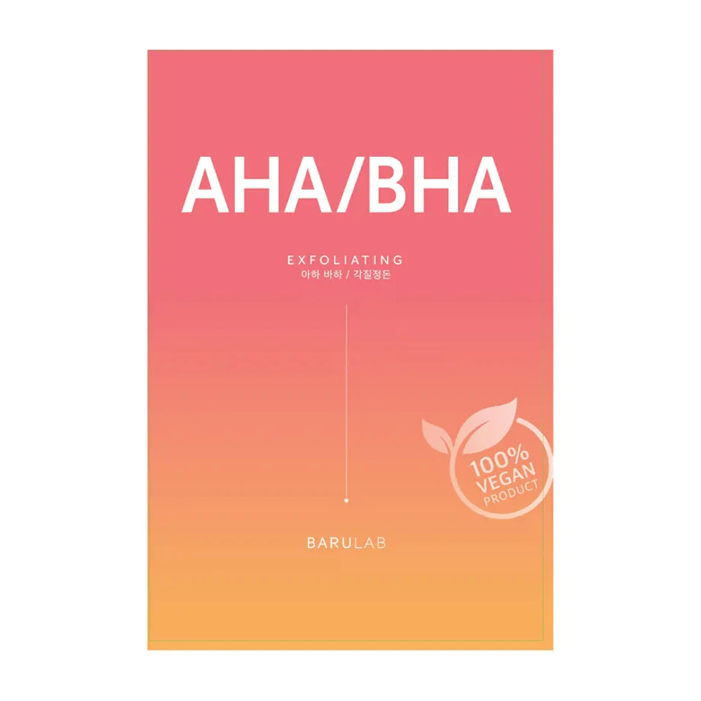 Un emballage de produit BARULAB pour un masque "AHA/BHA Exfoliating", noté comme "Produit 100% Végétalien". L'emballage passe du rouge au jaune.