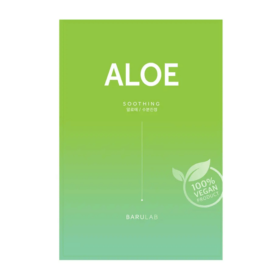 Un emballage du produit BARULAB "Aloe Soothing" masque, qui est également étiqueté comme "Produit 100% Végétalien". L'emballage est uniformément vert clair en couleur.