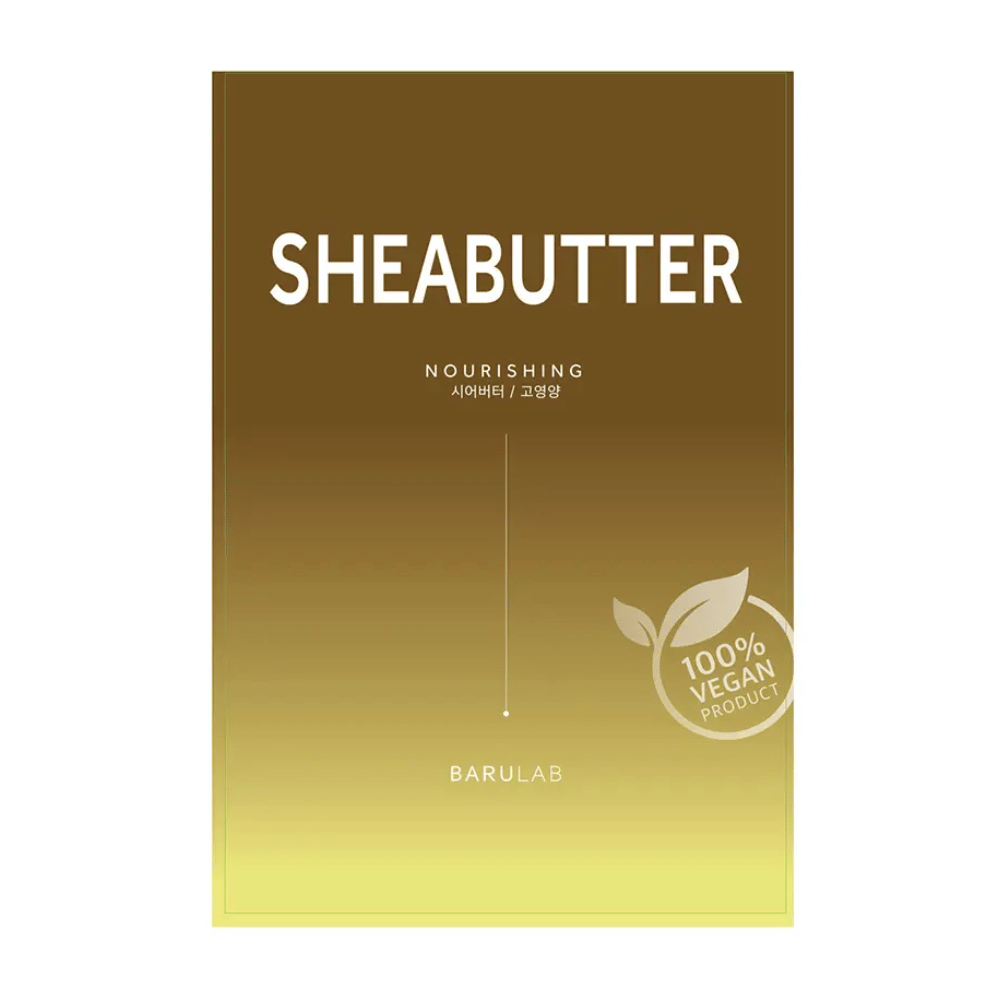 Un emballage de masque "SHEABUTTER Nourishing" BARULAB, marqué comme "Produit 100% Végan". L'emballage a un dégradé de couleur passant du brun doré foncé en haut au jaune clair en bas.