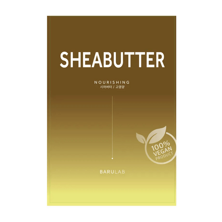Un emballage de masque "SHEABUTTER Nourishing" BARULAB, marqué comme "Produit 100% Végan". L'emballage a un dégradé de couleur passant du brun doré foncé en haut au jaune clair en bas.