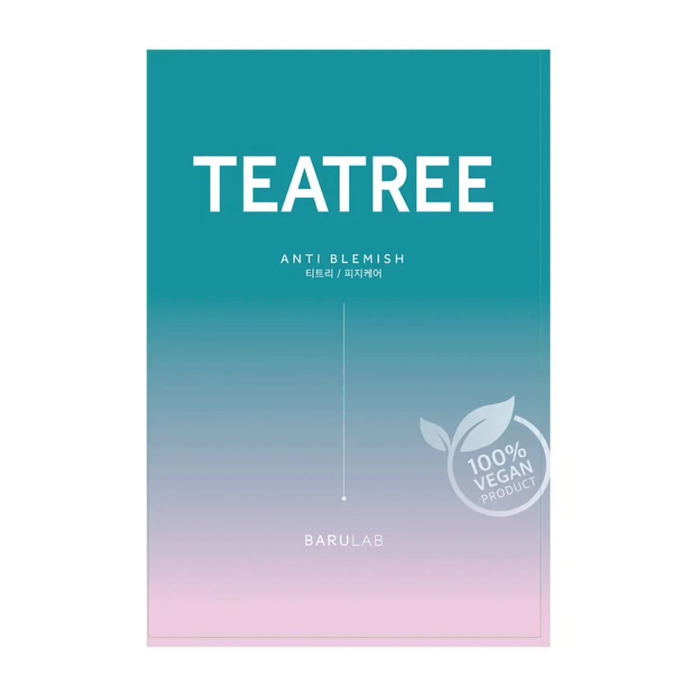 Un emballage de BARULAB masque "TEATREE Anti Blemish", marqué comme "Produit 100% Végan". L'emballage a un dégradé de couleur allant du turquoise en haut au rose clair en bas.