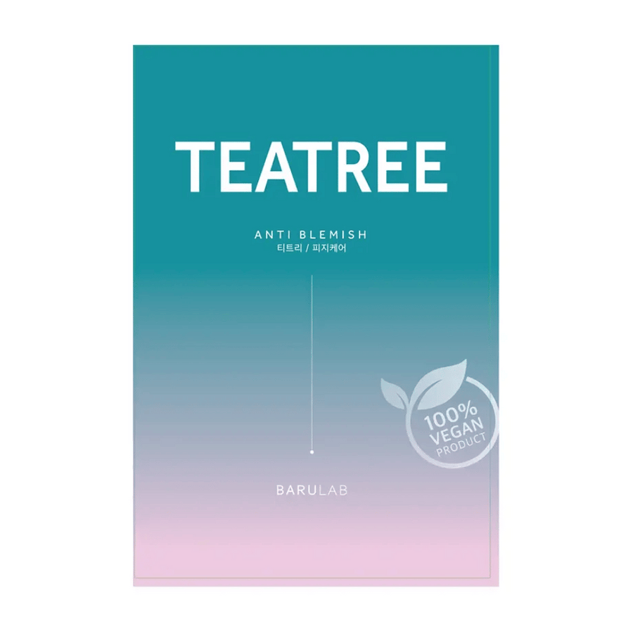 Un emballage de BARULAB masque "TEATREE Anti Blemish", marqué comme "Produit 100% Végan". L'emballage a un dégradé de couleur allant du turquoise en haut au rose clair en bas.