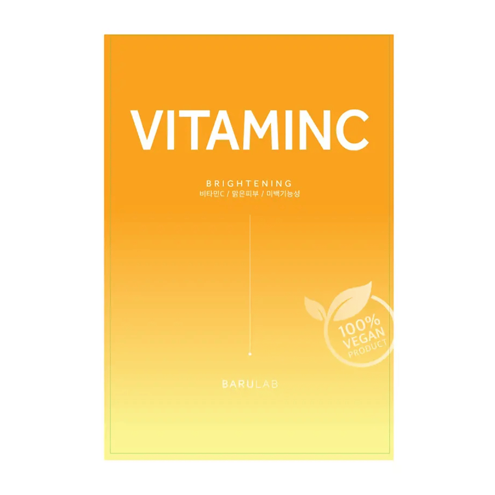 Un paquet de masque "VITAMINC Brightening" BARULAB, marqué comme "100% Vegan Product". L'emballage a un dégradé de couleur allant de l'orange en haut au jaune clair en bas.