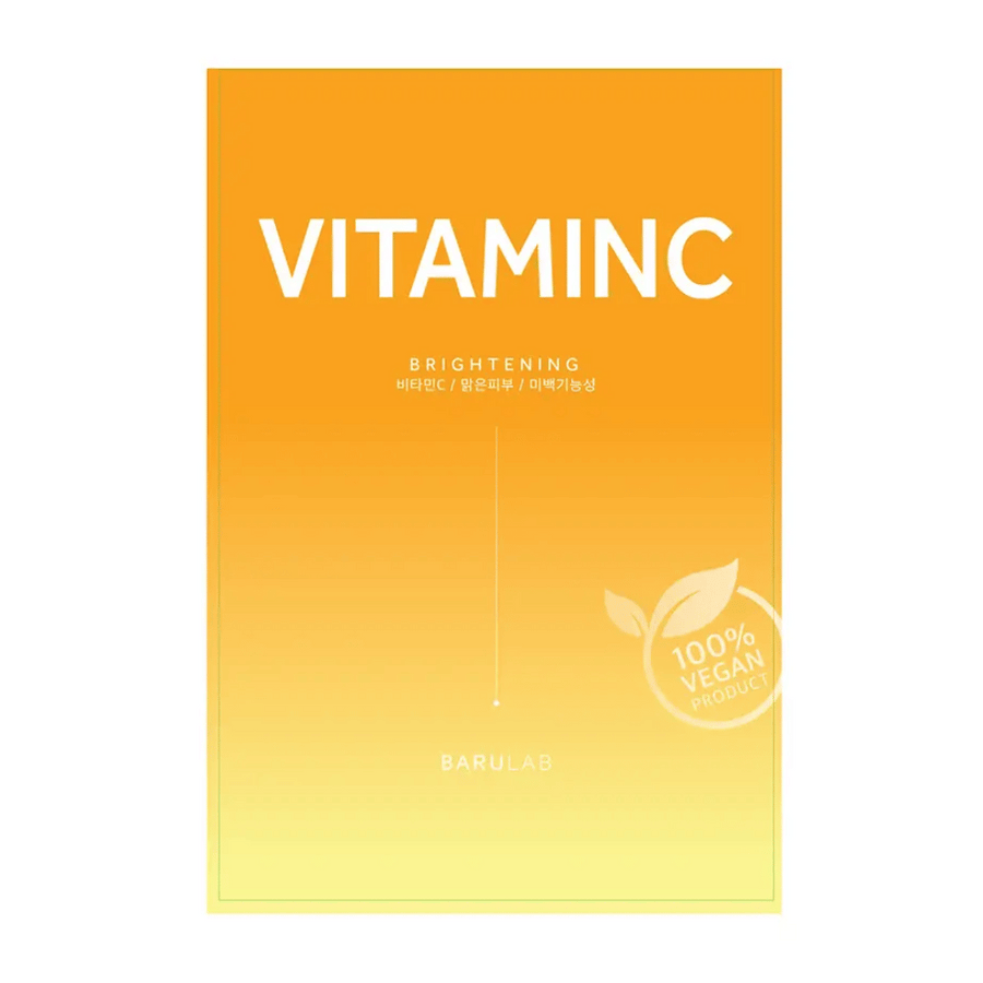 Un paquet de masque "VITAMINC Brightening" BARULAB, marqué comme "100% Vegan Product". L'emballage a un dégradé de couleur allant de l'orange en haut au jaune clair en bas.