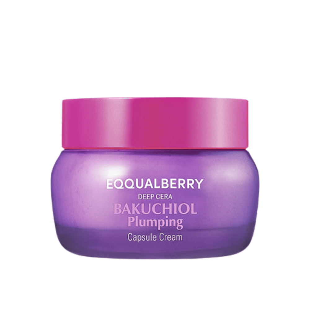 Image produit de EQQUALBERRY Bakuchiol Plumping Capsule Cream dans un pot violet avec un couvercle rose – hydratation intense et effet anti-âge.