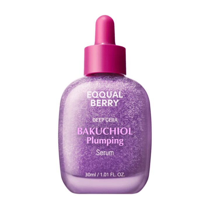 Equal Berry Bakuchiol Plumping Serum dans un flacon irisé violet avec une pipette rose. Sérum hydratant et raffermissant pour une peau éclatante.