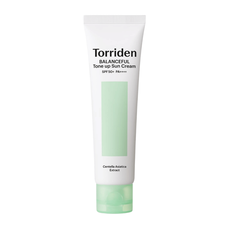 Torriden Image produit de la Balanceful Tone Up Sun Cream SPF50+ PA++++ sur fond blanc avec Centella Asiatica pour un soin apaisant et une protection UV quotidienne.