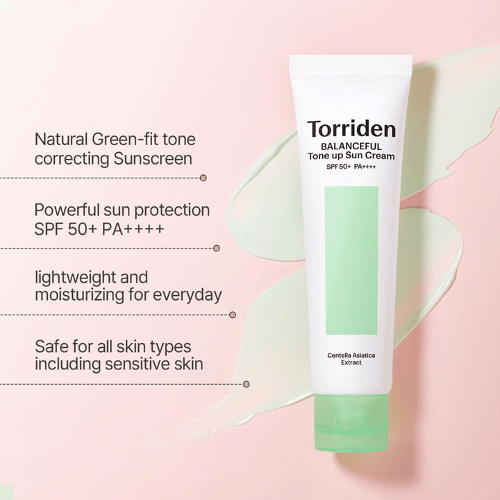 Torriden Balanceful Tone Up Sun Cream SPF50+ PA++++ avec effet tone-up correcteur vert qui aide à unifier les rougeurs et à apporter un éclat naturel.