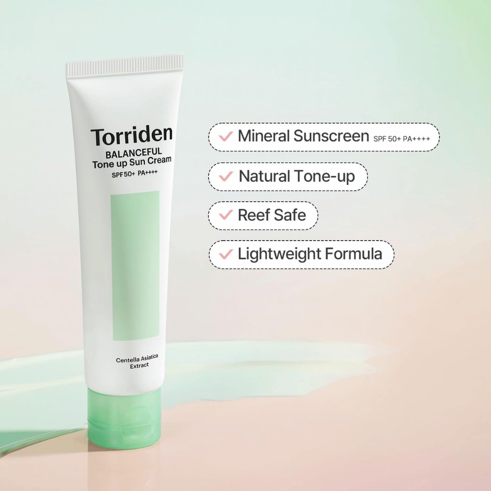 Torriden Balanceful Tone Up Sun Cream SPF50+ PA++++ présentée avec un accent sur la protection solaire à base minérale, l’effet tone-up naturel, la formule reef safe et la texture légère.