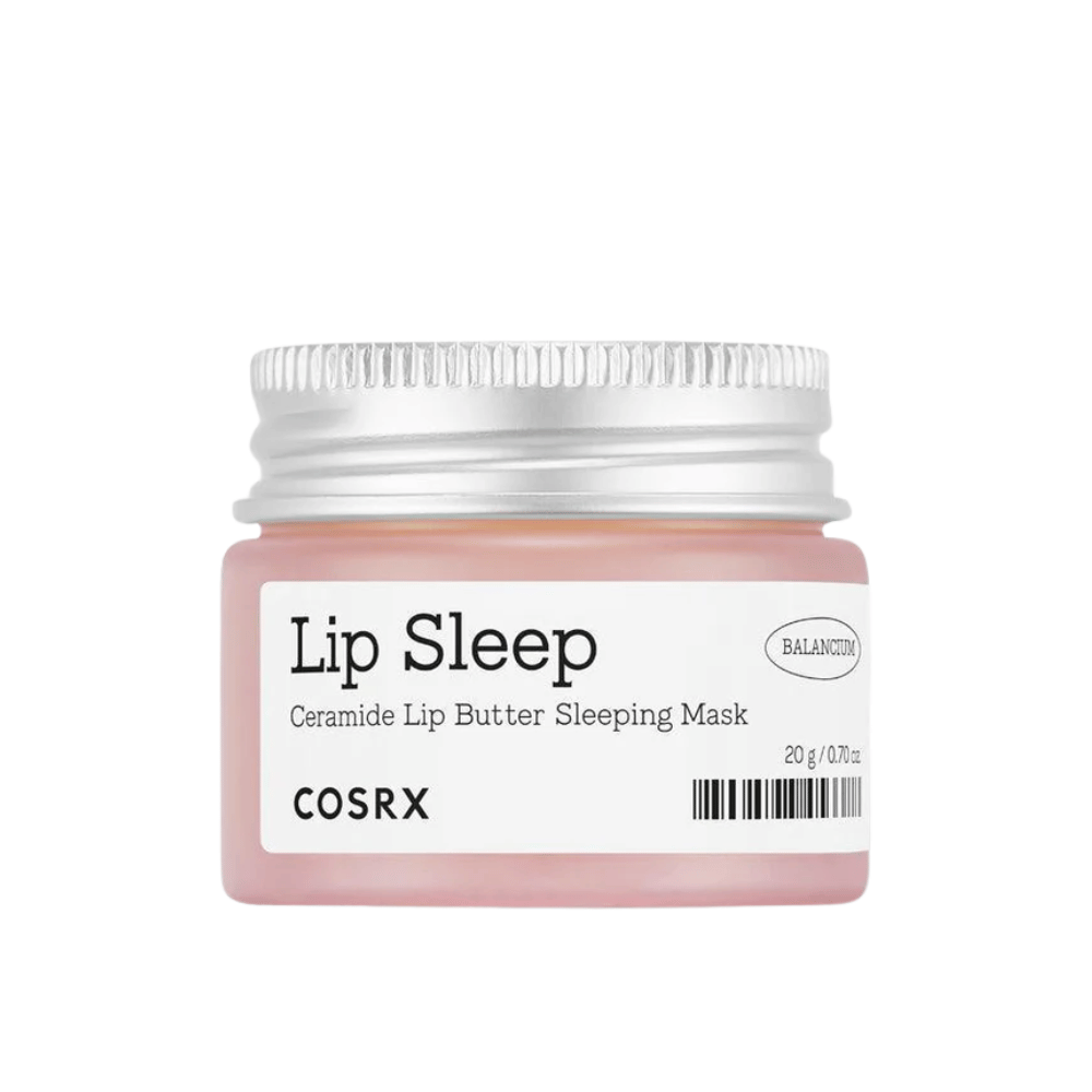 COSRX Lip Sleep Ceramide Lip Butter Sleeping Mask dans un pot rose avec couvercle argenté. Un masque de nuit nourrissant et sans parfum pour des lèvres douces et hydratées.