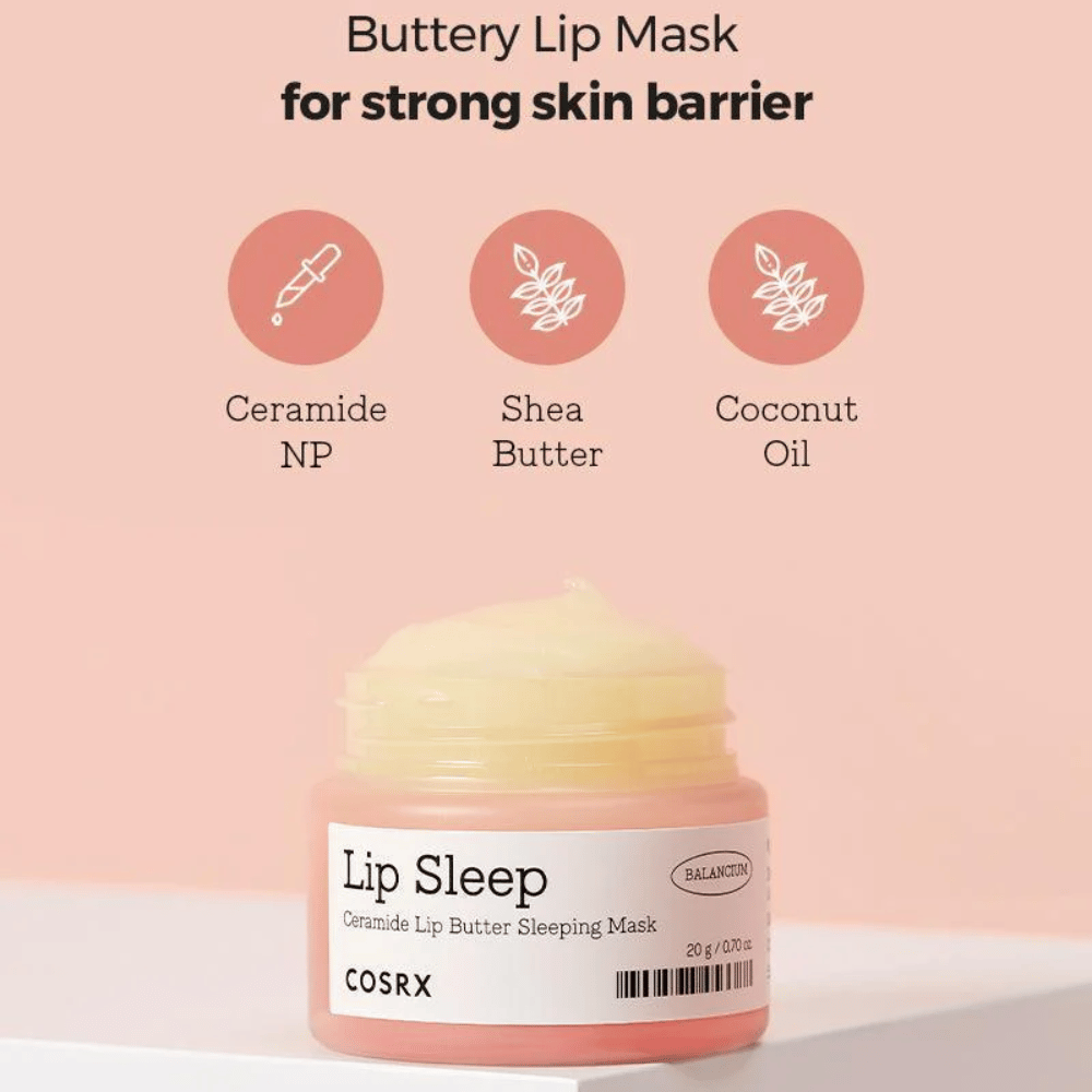 COSRX Lip Sleep avec texte sur les ingrédients : céramide NP, beurre de karité et huile de coco - un masque de nuit onctueux qui renforce la barrière protectrice des lèvres.
