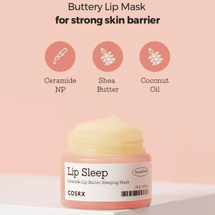 COSRX Lip Sleep avec texte sur les ingrédients : céramide NP, beurre de karité et huile de coco - un masque de nuit onctueux qui renforce la barrière protectrice des lèvres.