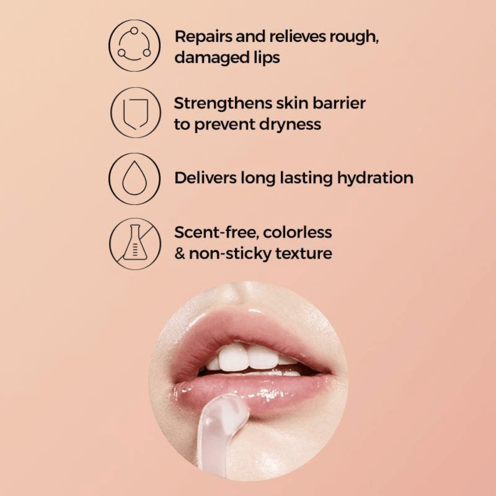 Gros plan sur des lèvres avec COSRX Lip Sleep mask appliqué. Le texte met en avant les propriétés du produit : répare les lèvres gercées, renforce la barrière cutanée et procure une hydratation durable.
