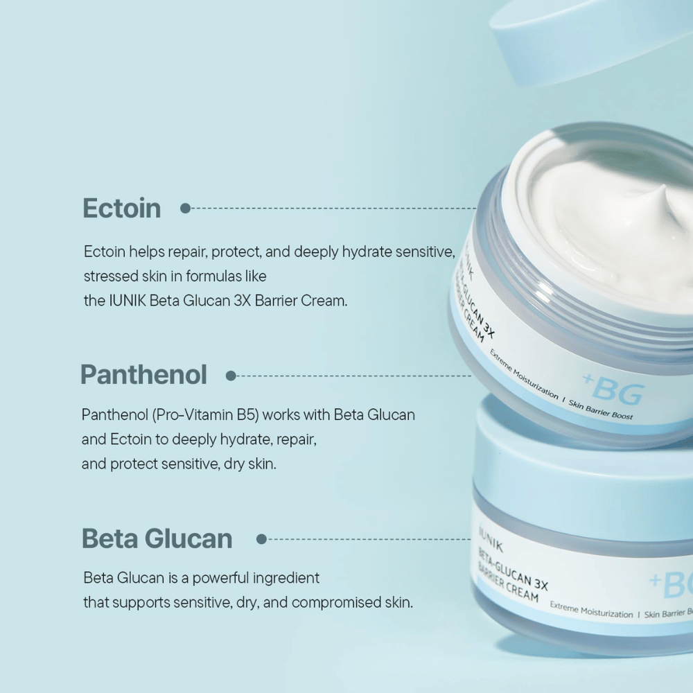iUNIK Beta-Glucan 3X Barrier Cream avec du bêta-glucane, de l’ectoïne et du panthénol pour une hydratation intense et une barrière cutanée renforcée