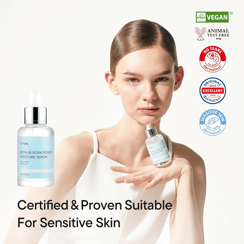 iUNIK Beta-Glucan Power Moisture Serum – sérum vegan et cruelty-free qui convient aux peaux sensibles et renforce la barrière cutanée