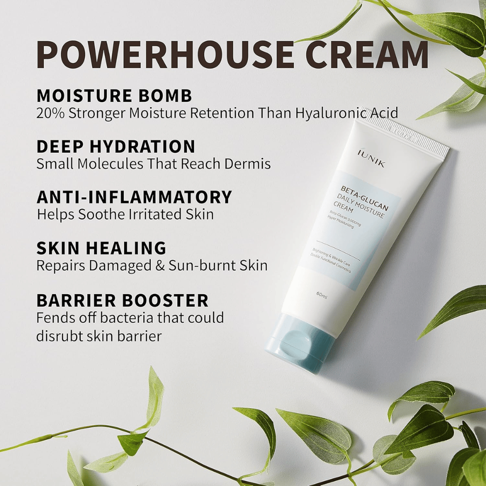 Image produit mettant l’accent sur les principaux avantages de iUNIK Beta-Glucan Daily Moisture Cream. L’image met en avant une hydratation intensive, une hydratation en profondeur, des propriétés apaisantes, le soutien de la barrière cutanée et le soin des peaux sèches ou irritées.