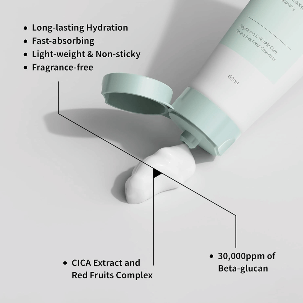 Gros plan de iUNIK Beta-Glucan Daily Moisture Cream où la crème est pressée hors du tube. L’image met en valeur la texture légère du produit et des propriétés importantes telles qu’une hydratation longue durée, une absorption rapide, une sensation non collante, une formule sans parfum, le bêta-glucane ainsi que des ingrédients apaisants comme l’extrait de CICA.