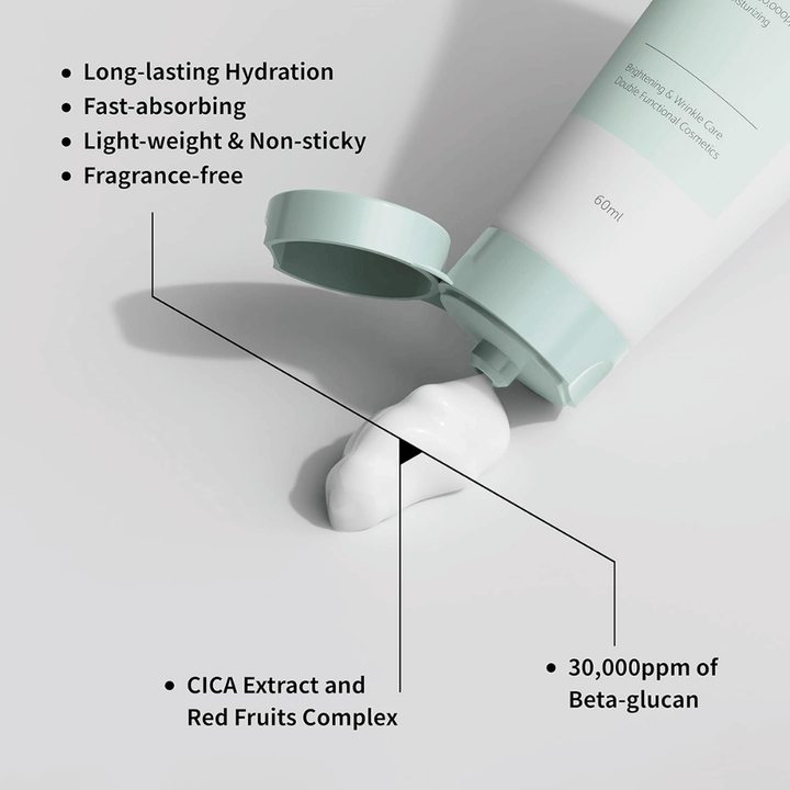 Gros plan de iUNIK Beta-Glucan Daily Moisture Cream où la crème est pressée hors du tube. L’image met en valeur la texture légère du produit et des propriétés importantes telles qu’une hydratation longue durée, une absorption rapide, une sensation non collante, une formule sans parfum, le bêta-glucane ainsi que des ingrédients apaisants comme l’extrait de CICA.
